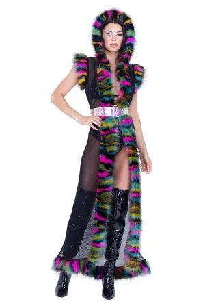 Black Rainbow Fur Trimmed Hooded Duster