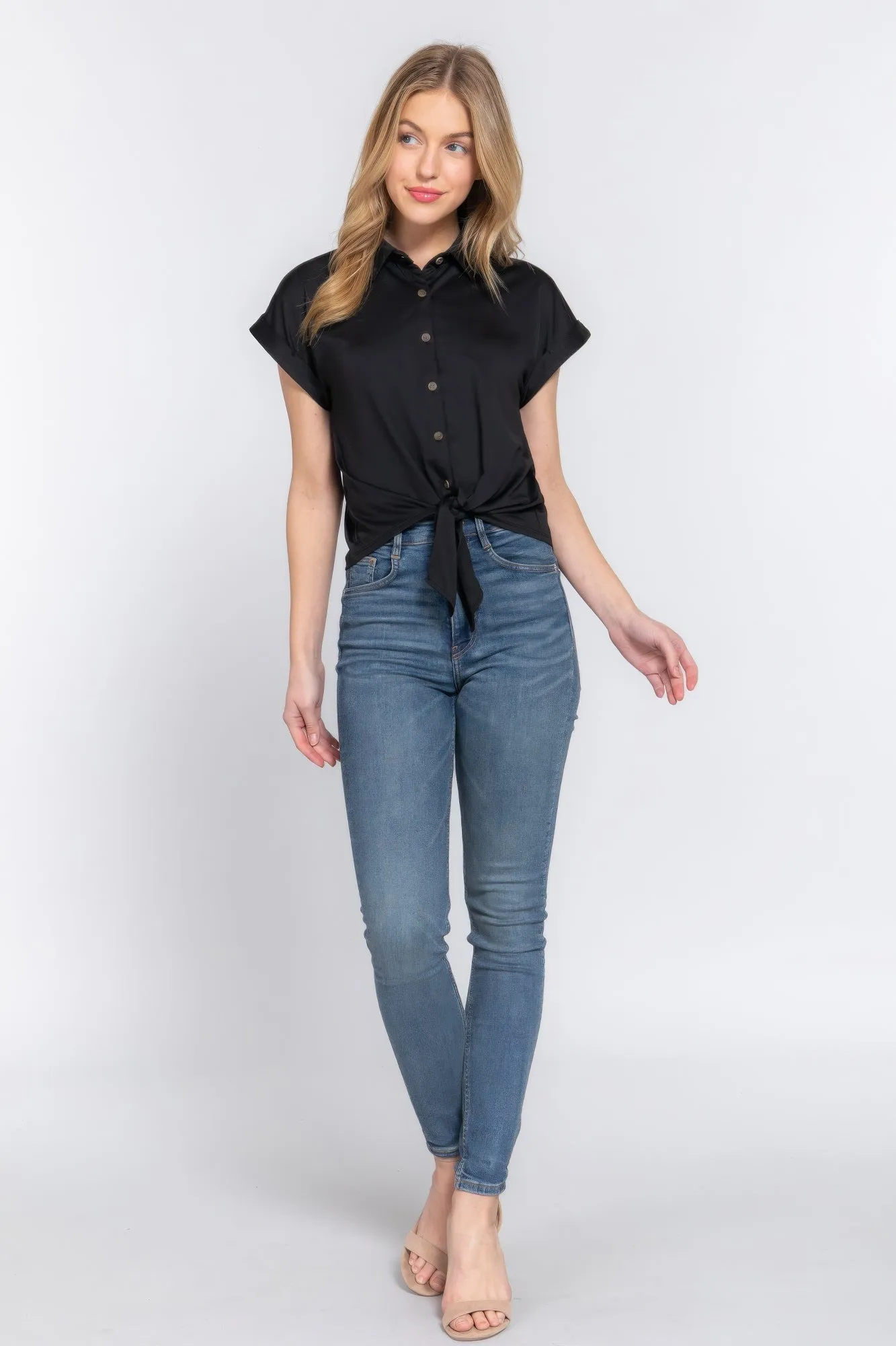 Black Short Sleeve Front Tie Shirt