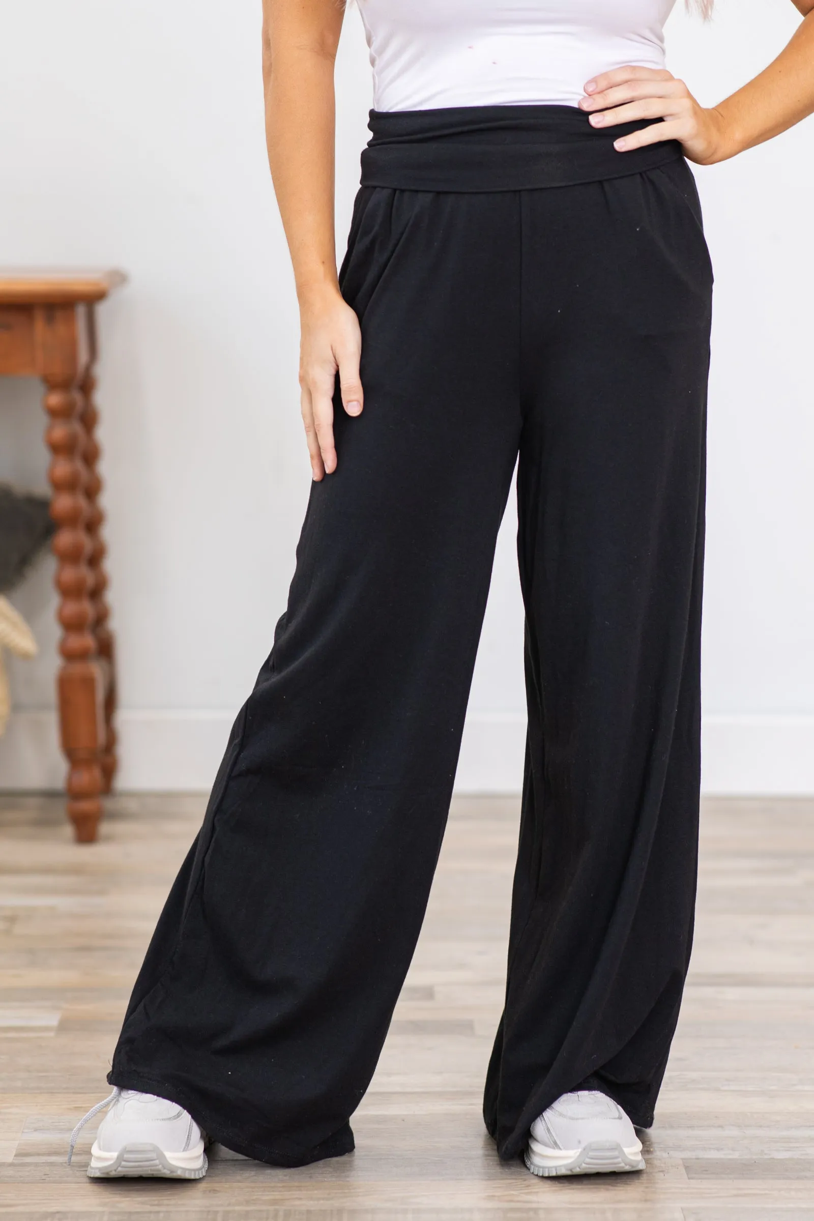 Black Wide Leg Pull On Pants