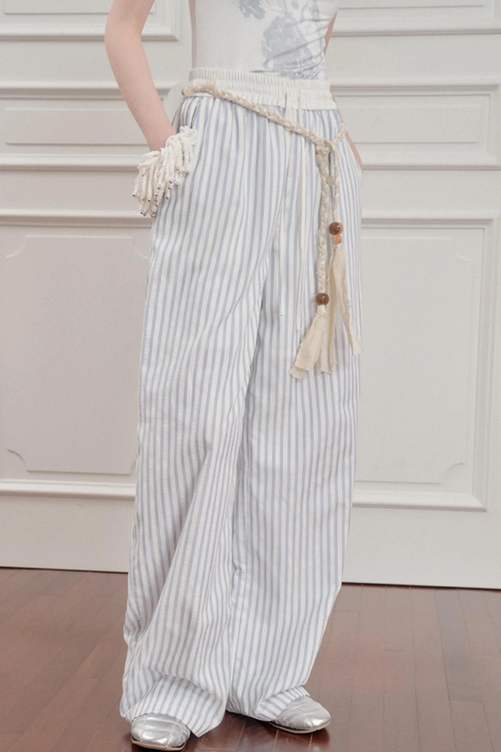 Blue Casual Wide-Leg Pants