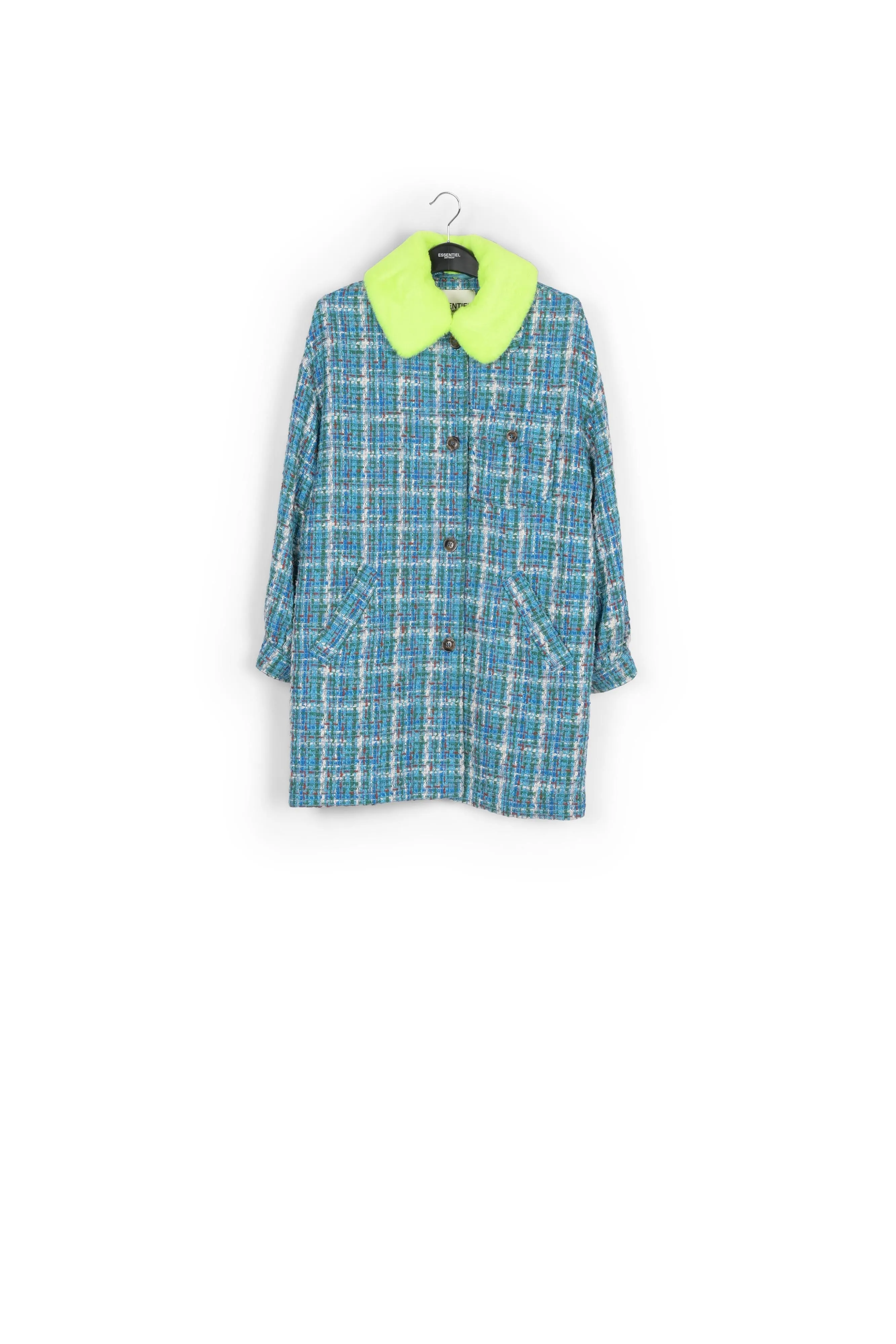 Blue, green and white coat with faux fur collar