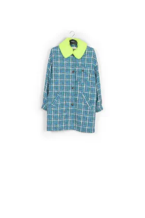 Blue, green and white coat with faux fur collar