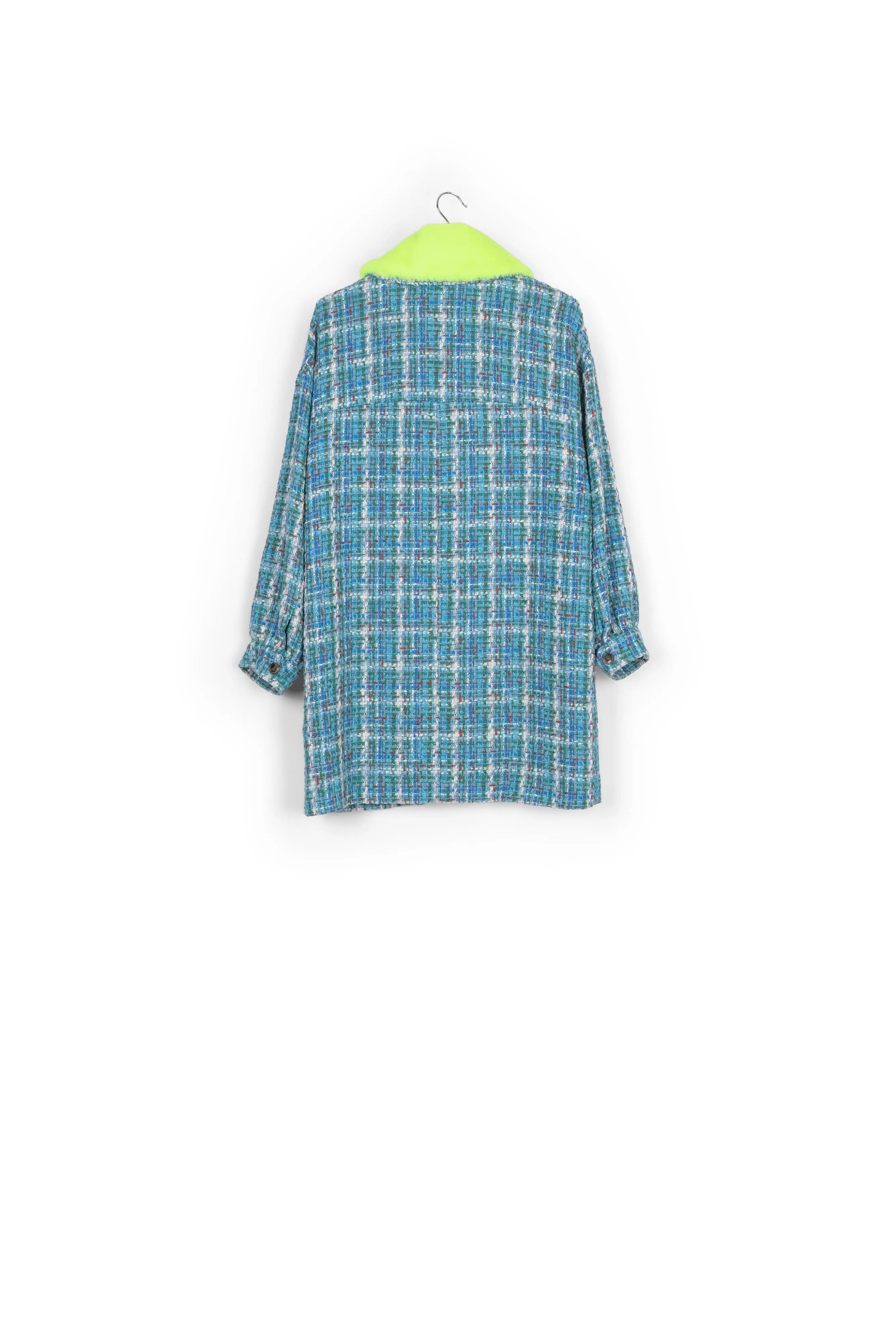 Blue, green and white coat with faux fur collar
