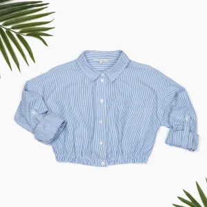 Blue Pinstriped Cropped Button Up