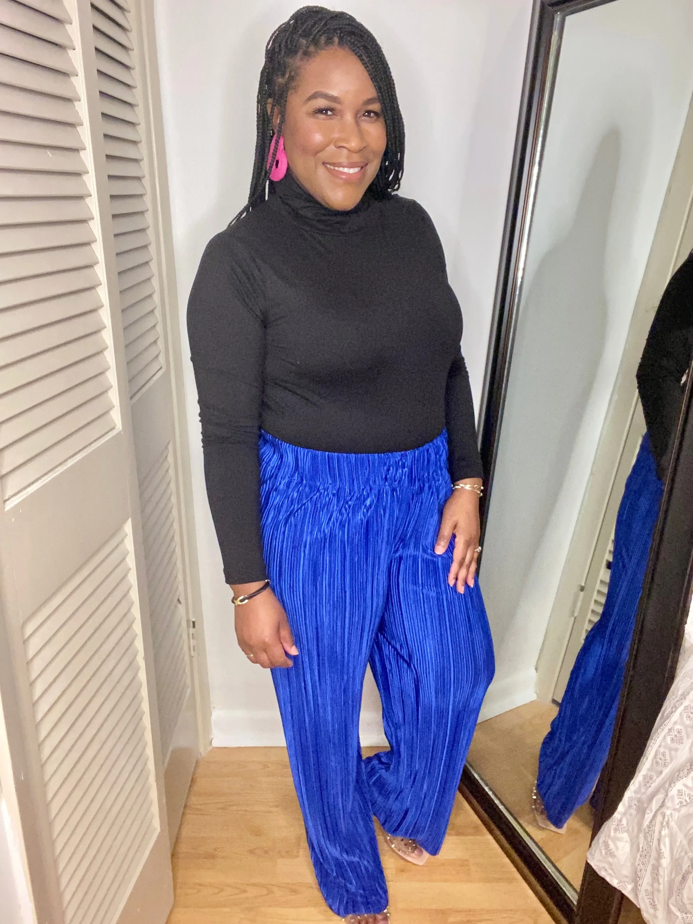 Blue Plisse Wide Leg Pants