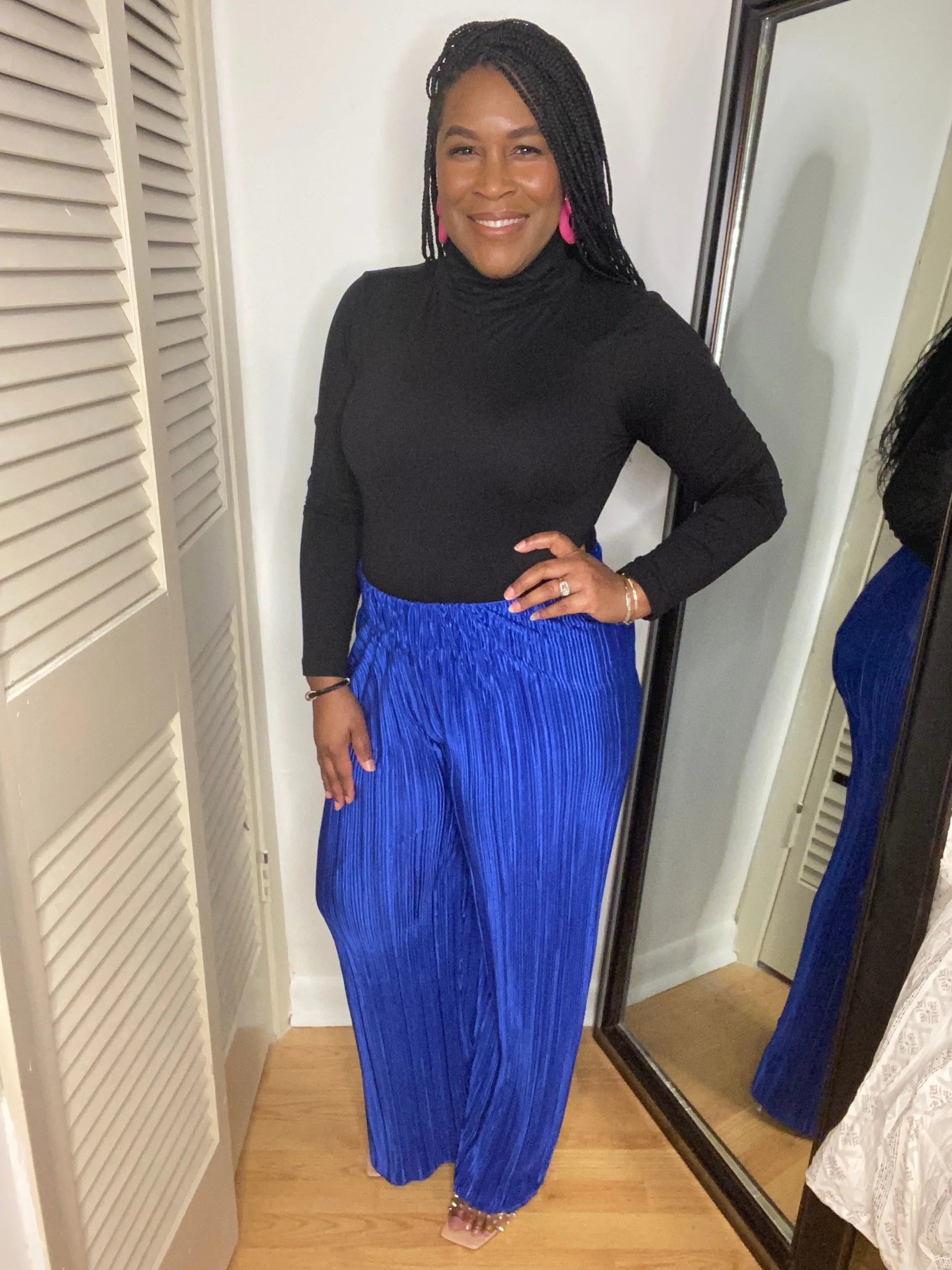 Blue Plisse Wide Leg Pants