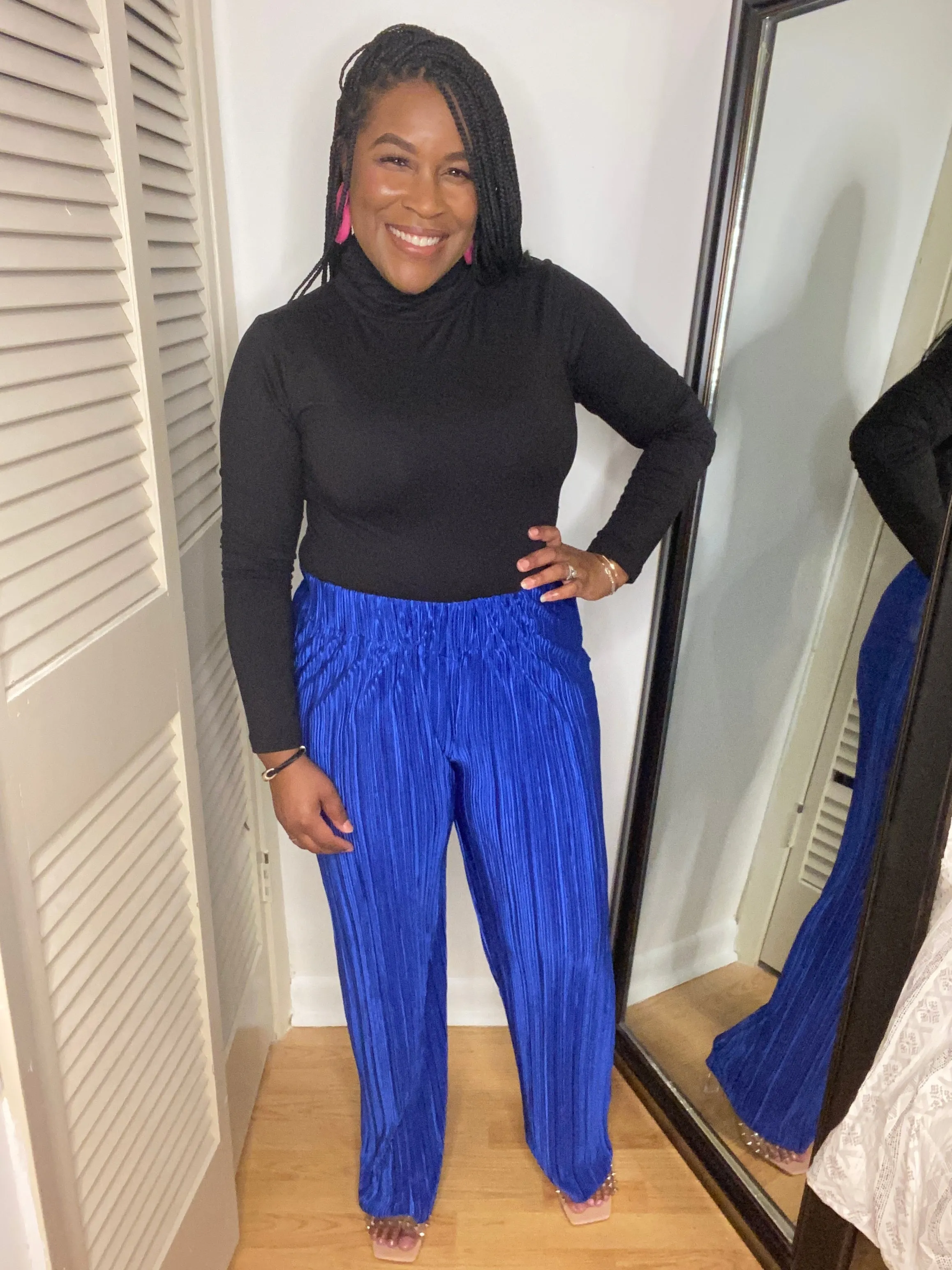 Blue Plisse Wide Leg Pants