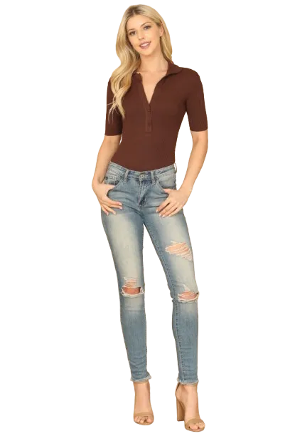 Brown Collared Button Half Ribbed Bodysuit - Pack of 5