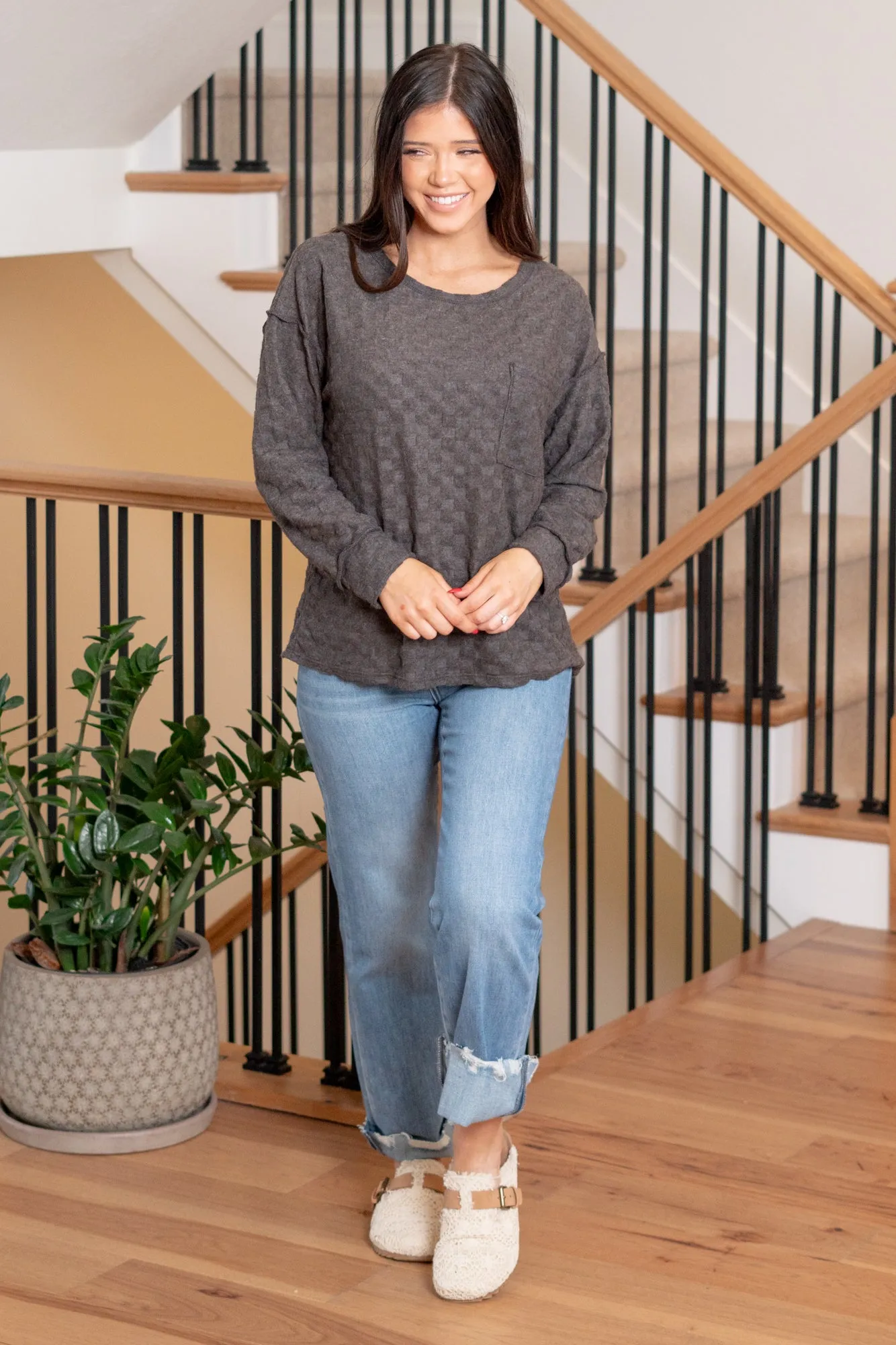 Brushed Checkered Pocket Top - Black