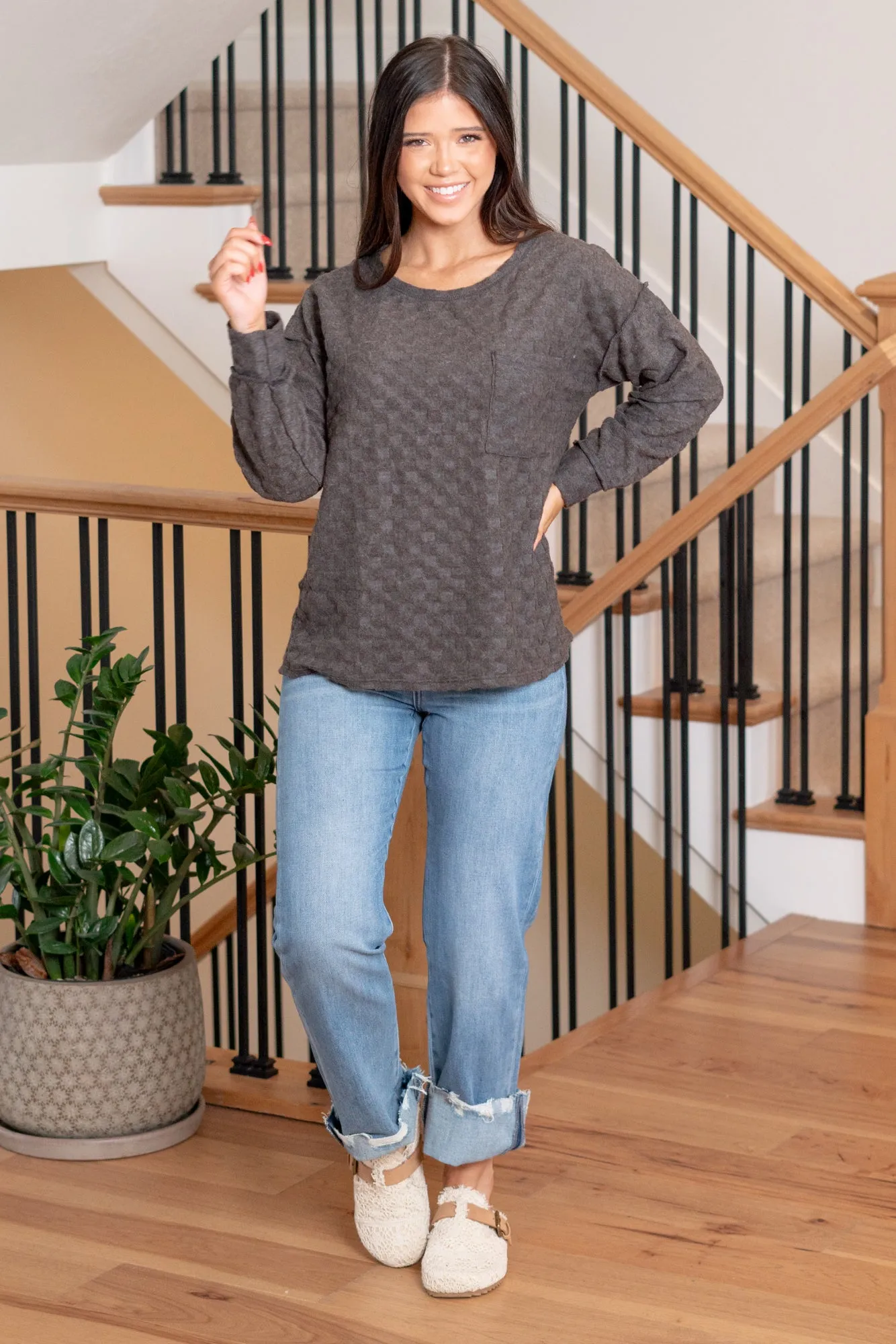 Brushed Checkered Pocket Top - Black