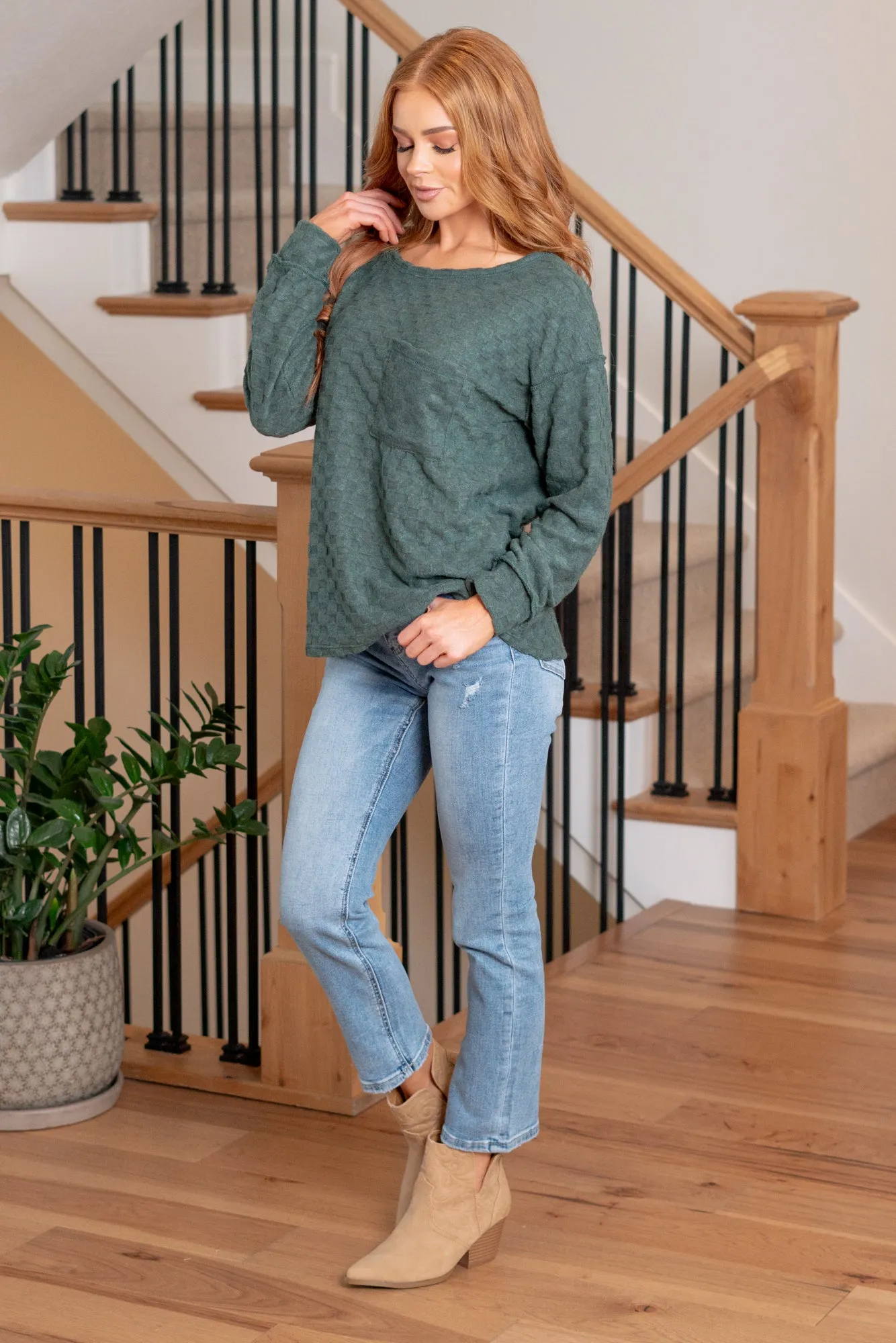 Brushed Checkered Pocket Top - Hunter Green