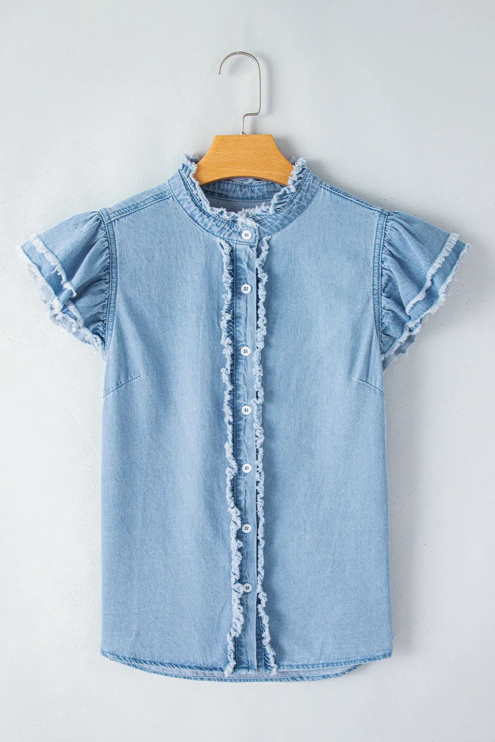 Button Front Frayed Denim Top