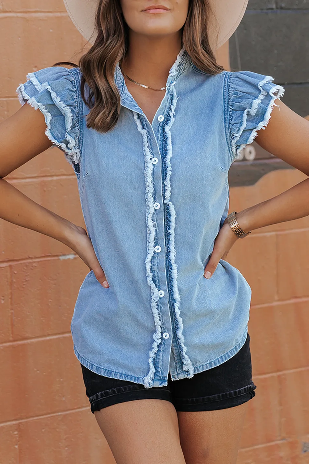 Button Front Frayed Denim Top