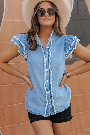 Button Front Frayed Denim Top