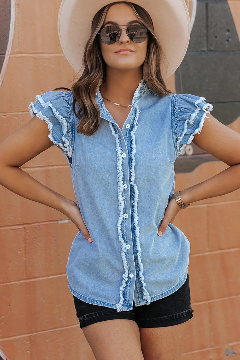 Button Front Frayed Denim Top