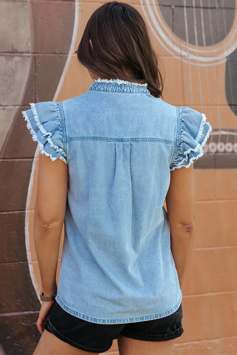 Button Front Frayed Denim Top