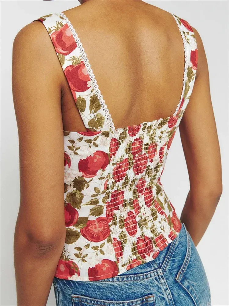 Button-up Square Neck Lace Floral Crop Top