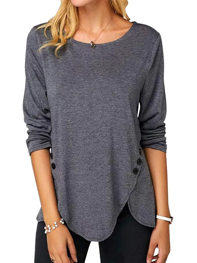 Buttoned Asymmetrical Hem Long Sleeve T-Shirt