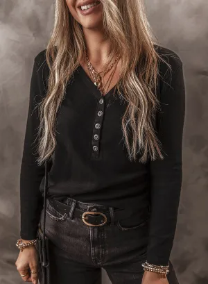 Buttoned Long Sleeve Ribbed Top