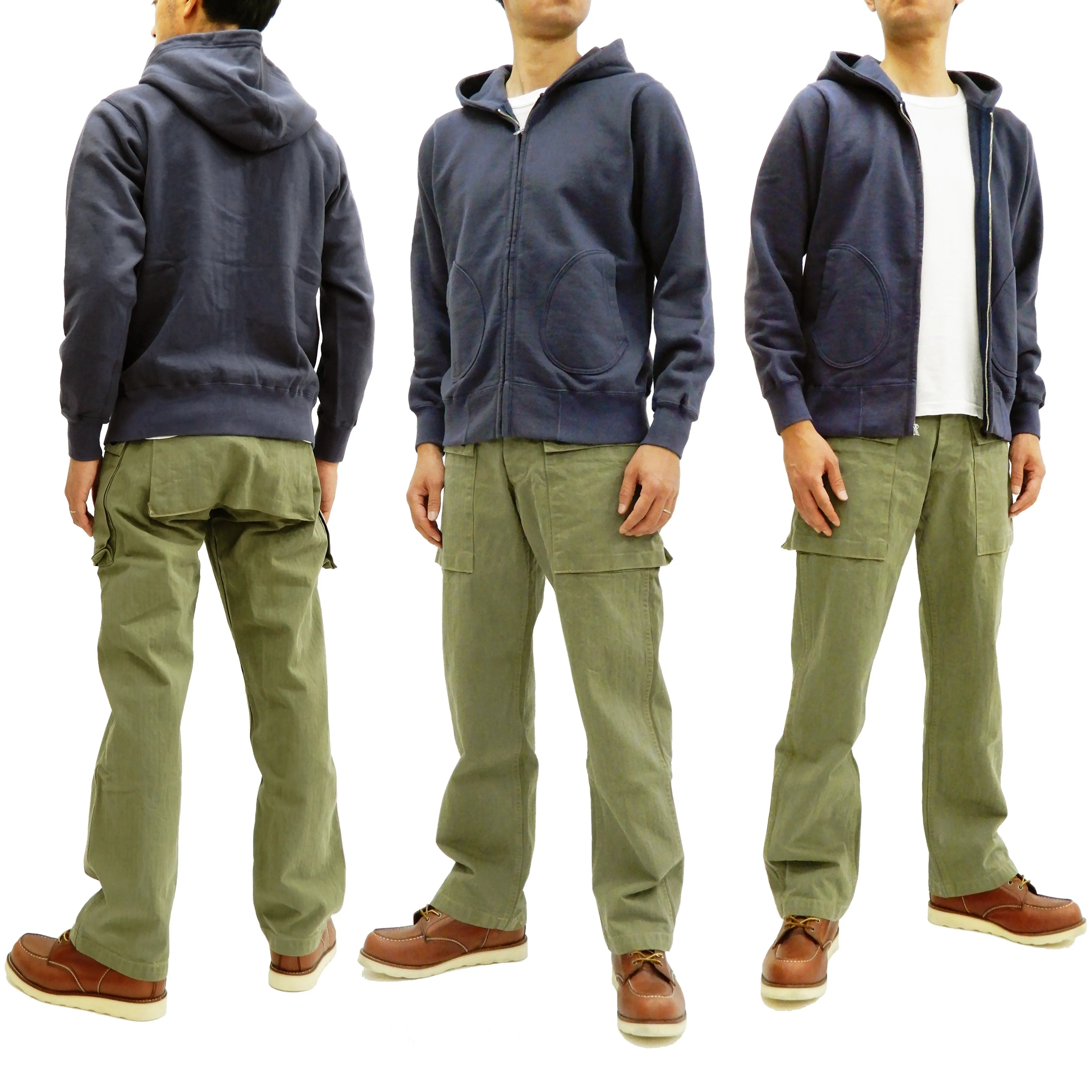 Buzz Rickson Hoodie Men's Plain Hoodie Zip Front Hooded Sweatshirt BR65623 Faded-Navy-Blue