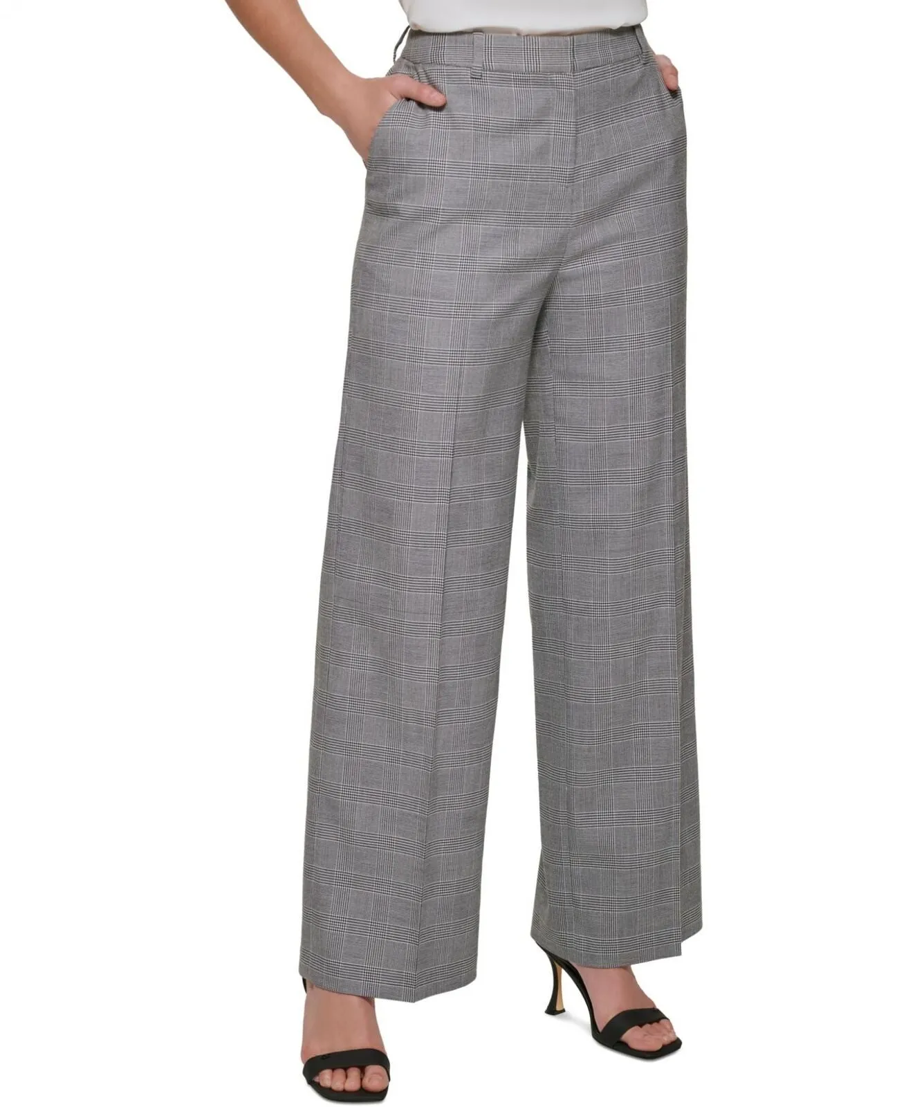 Calvin Klein Womens Petite Houndstooth Plaid Wide-Leg Pants T26P8784