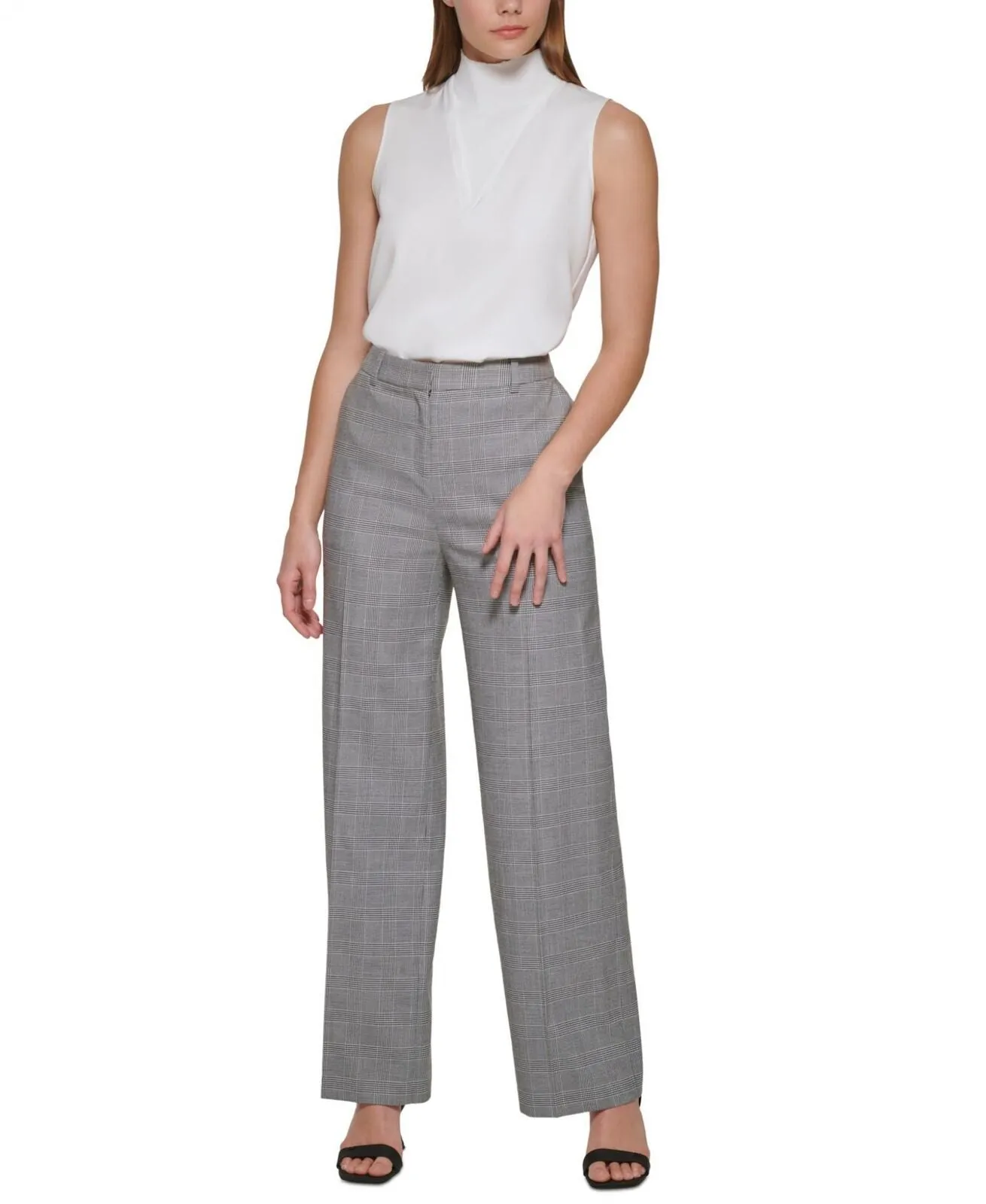Calvin Klein Womens Petite Houndstooth Plaid Wide-Leg Pants T26P8784
