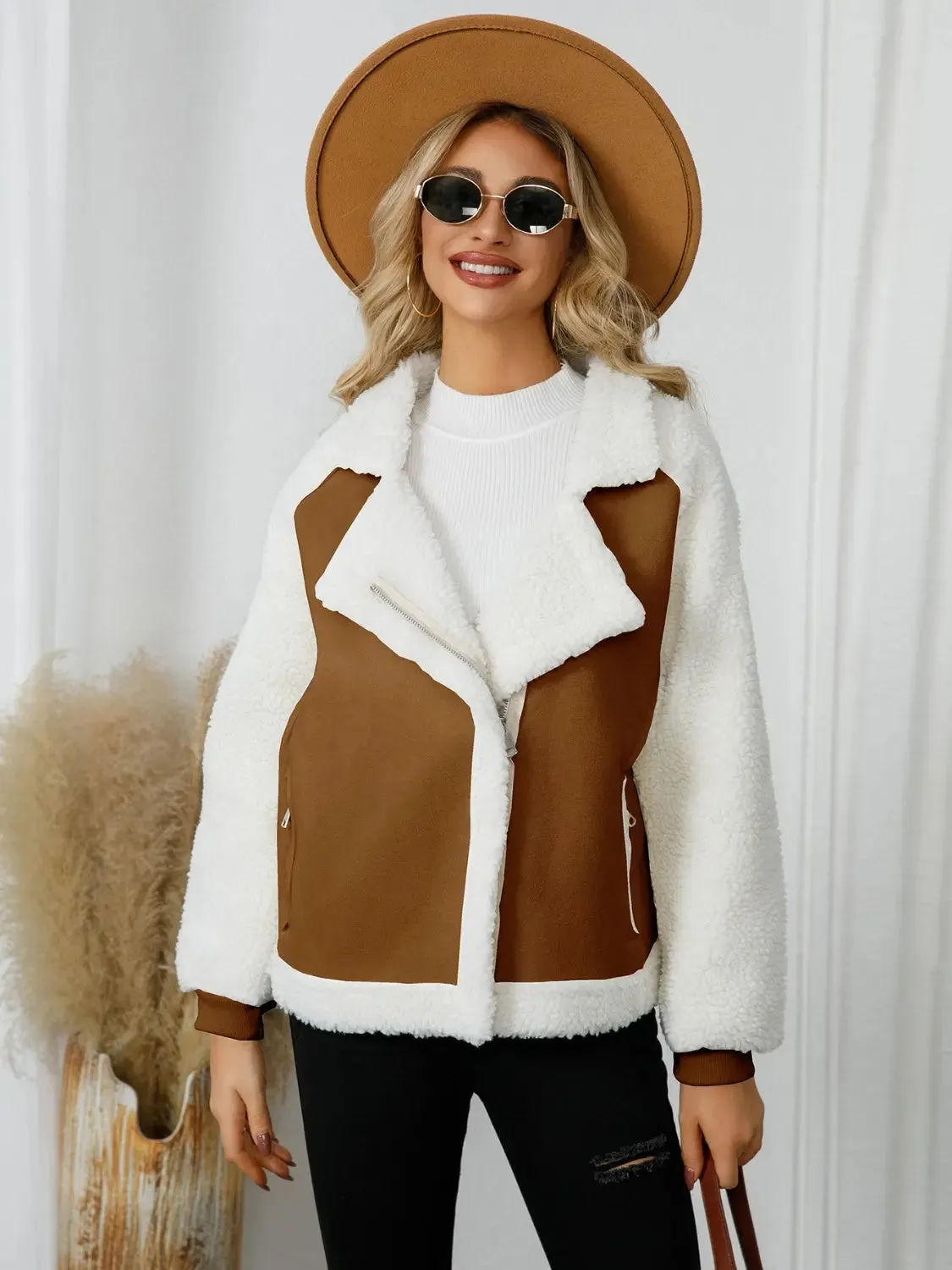 'Camille' Faux Leather Sherpa Jacket