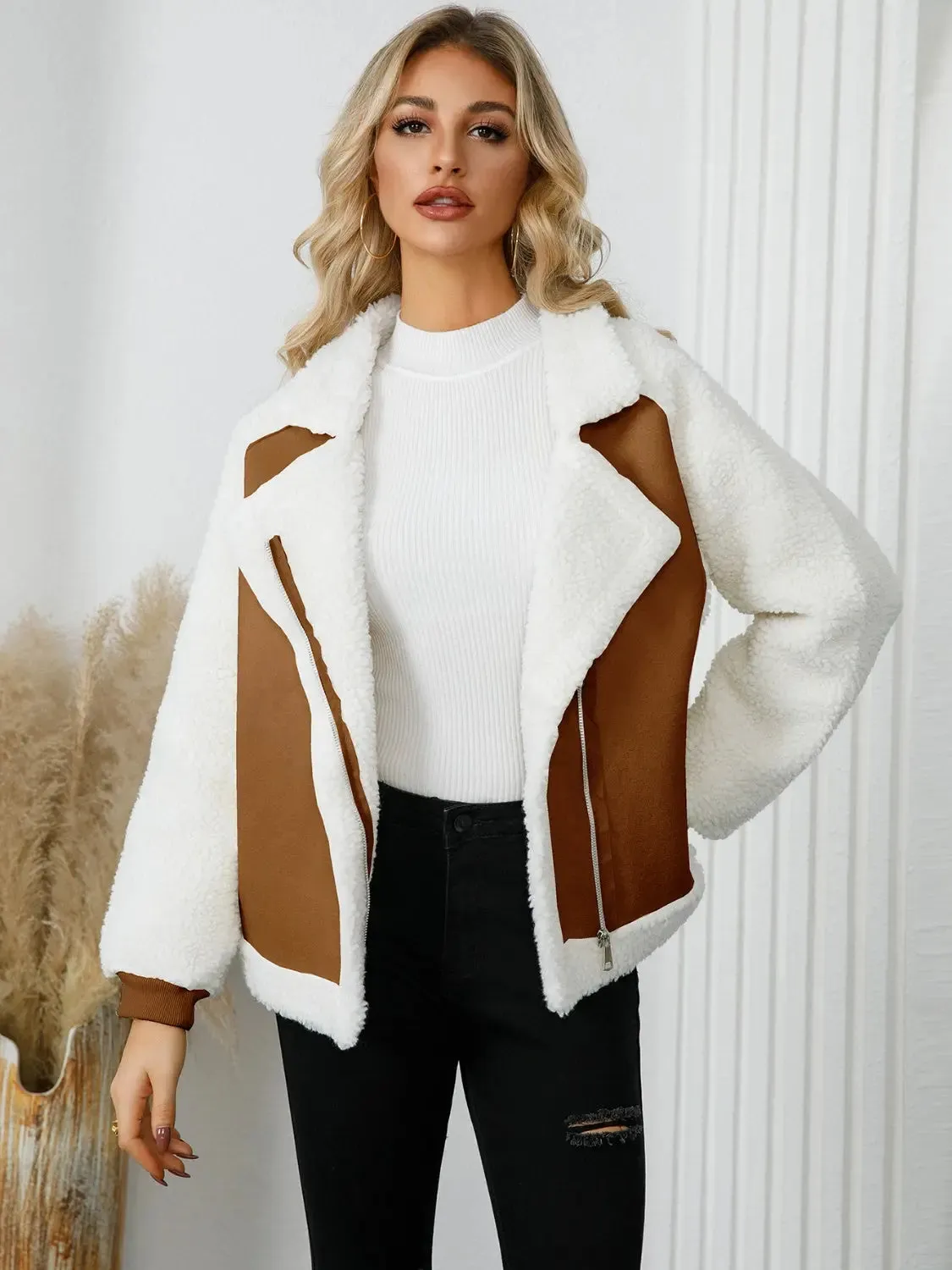 'Camille' Faux Leather Sherpa Jacket