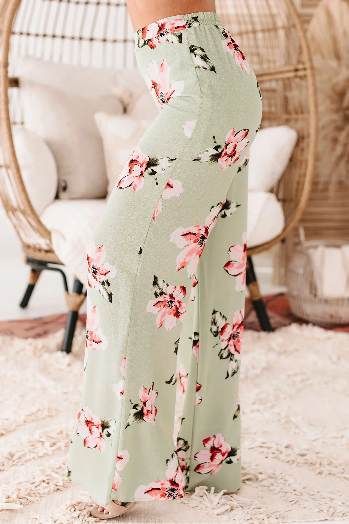 Cancun Crush Floral High Rise Wide Leg Pants (Green)