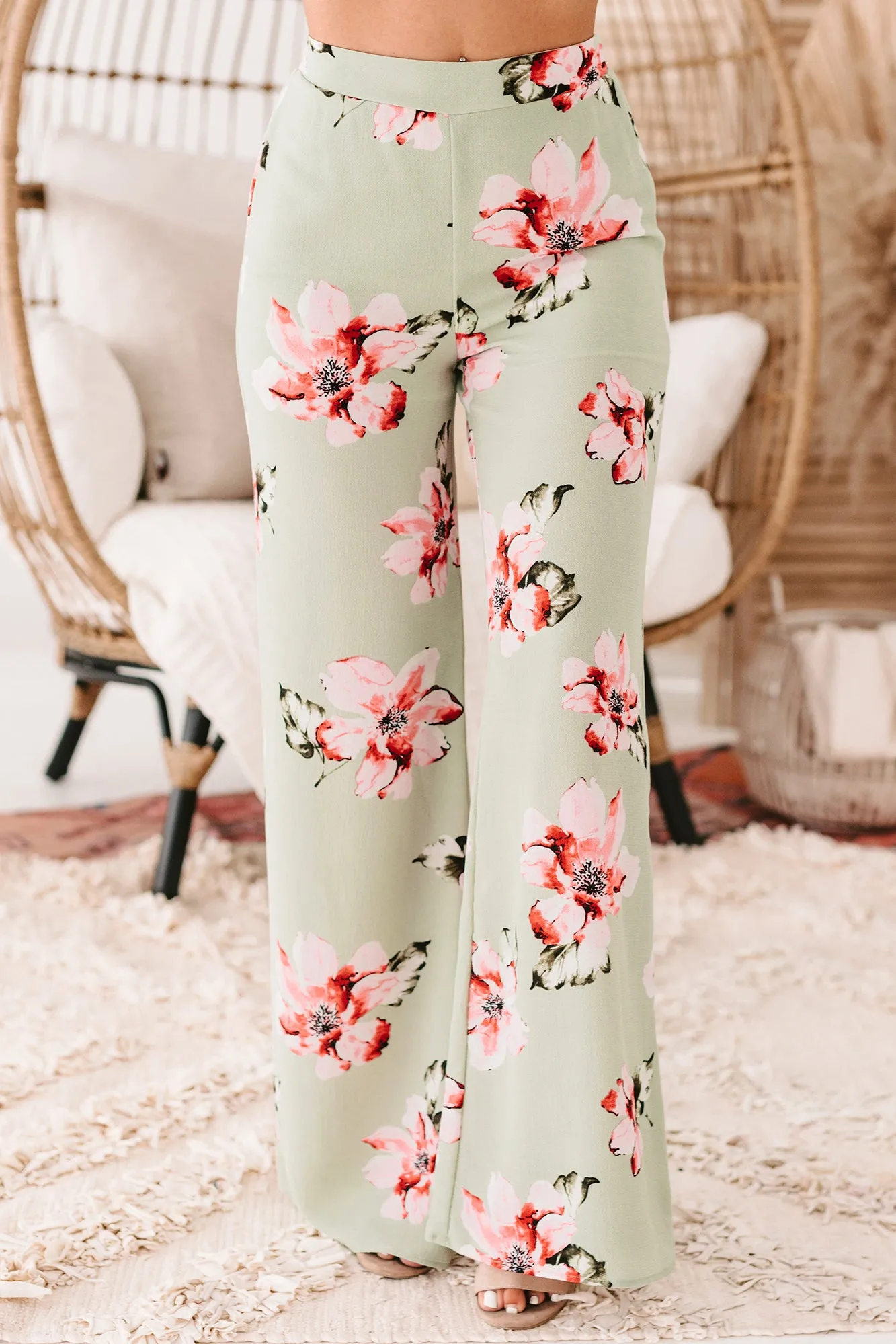 Cancun Crush Floral High Rise Wide Leg Pants (Green)