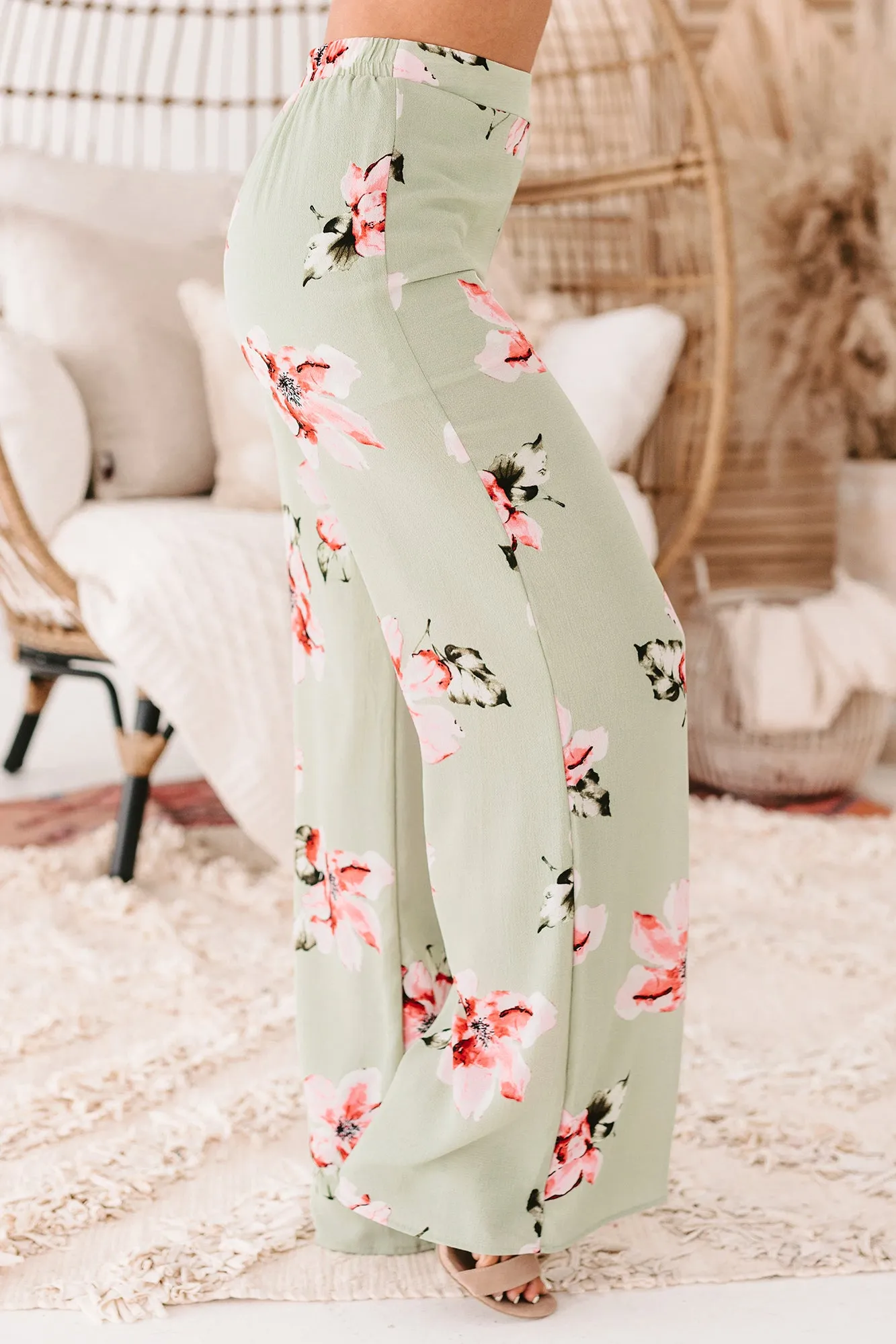 Cancun Crush Floral High Rise Wide Leg Pants (Green)
