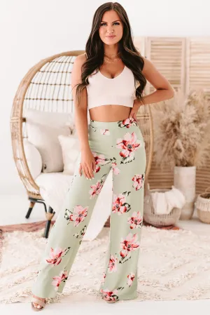 Cancun Crush Floral High Rise Wide Leg Pants (Green)