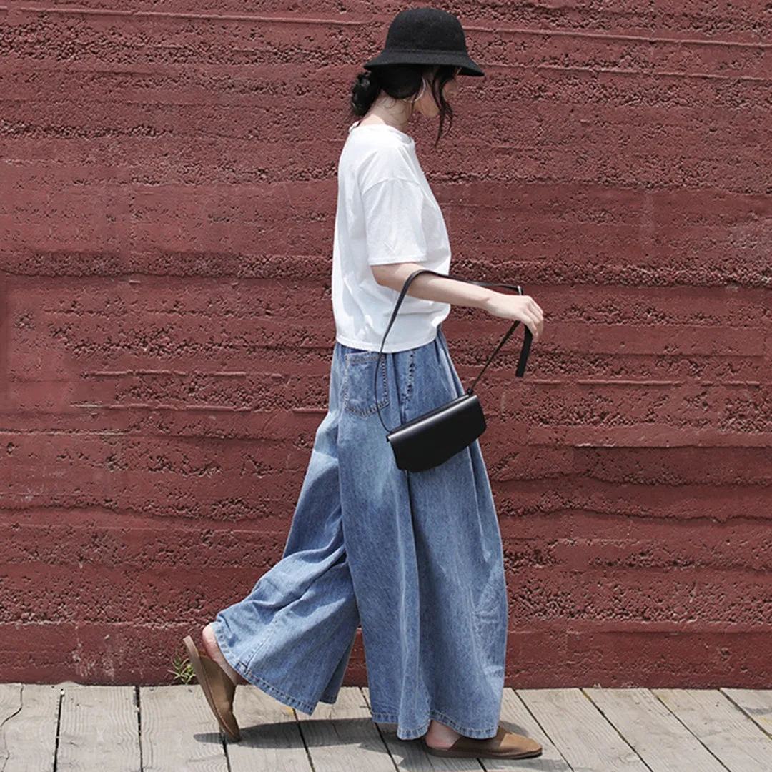 Casual Blue Shift Wide Leg Denim Pants