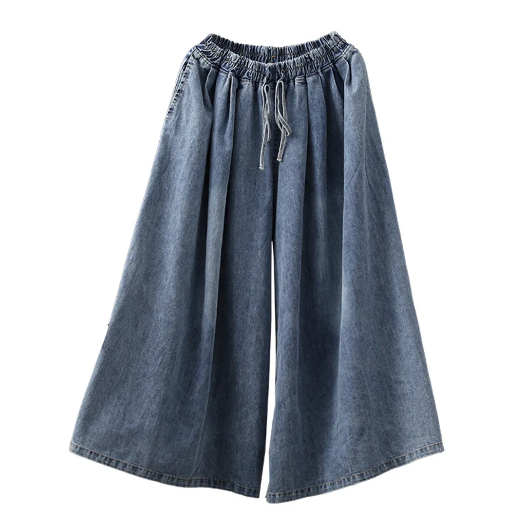 Casual Blue Shift Wide Leg Denim Pants