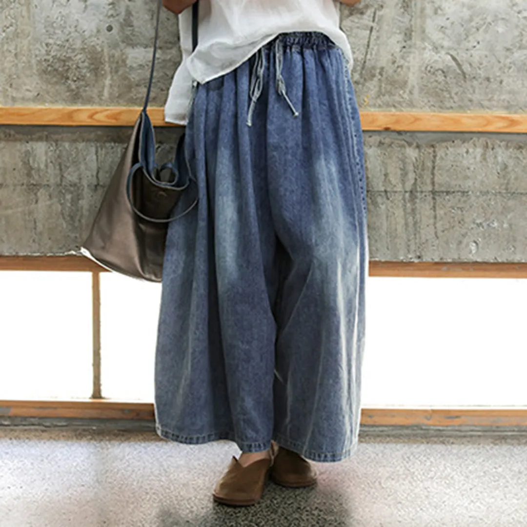 Casual Blue Shift Wide Leg Denim Pants