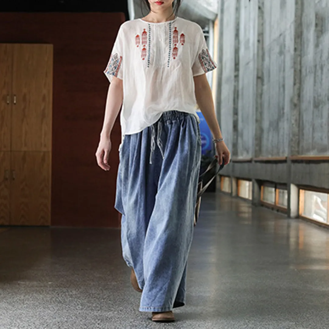 Casual Blue Shift Wide Leg Denim Pants