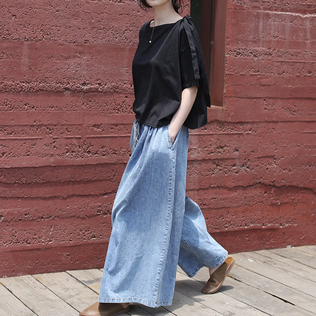 Casual Blue Shift Wide Leg Denim Pants