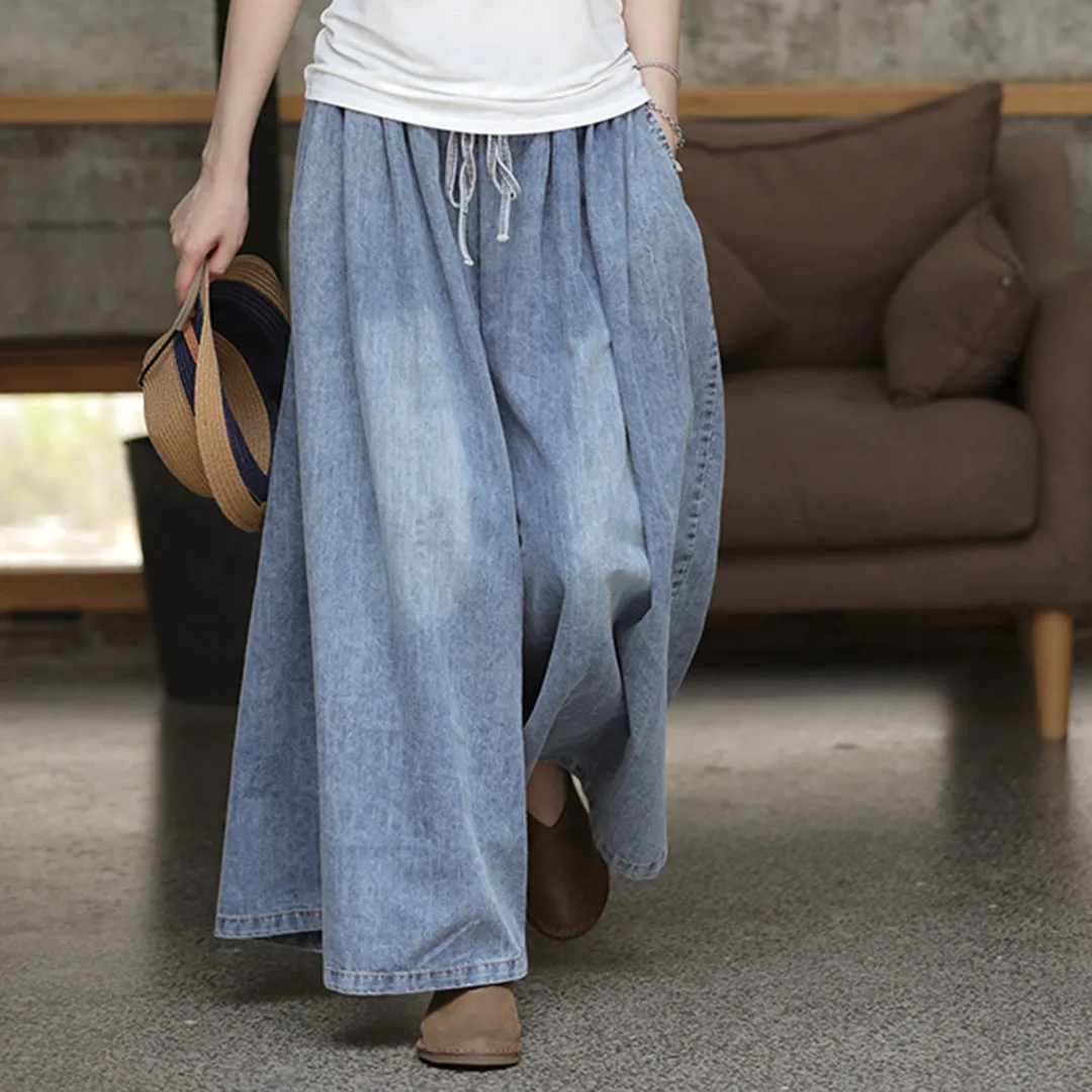 Casual Blue Shift Wide Leg Denim Pants