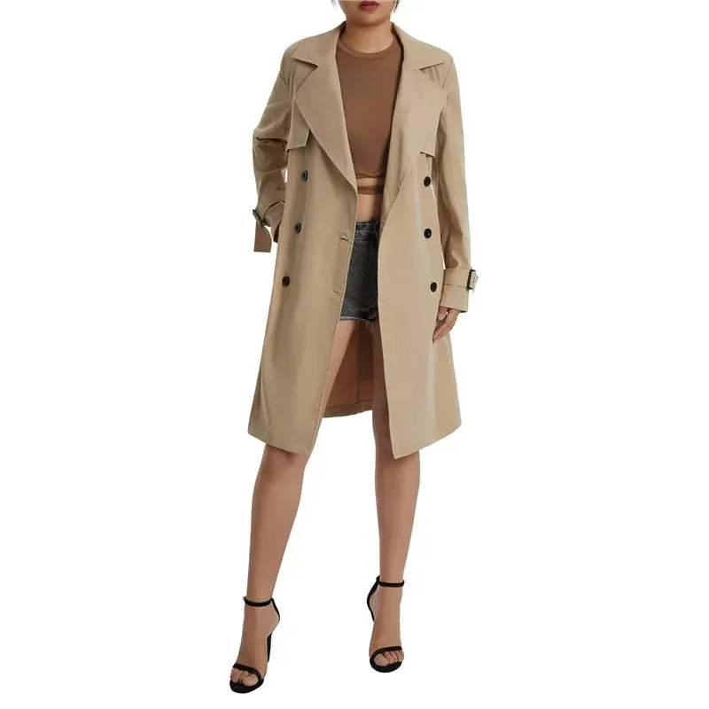 Casual Long Sleeve Lapel Double-Breasted Designed Trench Coat with Belt