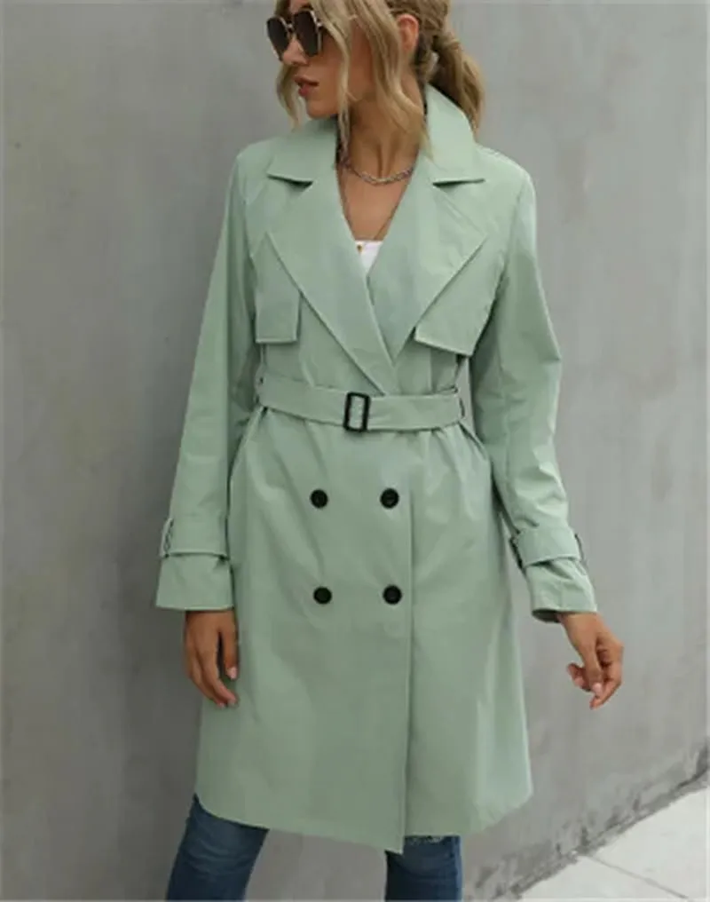 Casual Long Sleeve Lapel Double-Breasted Designed Trench Coat with Belt