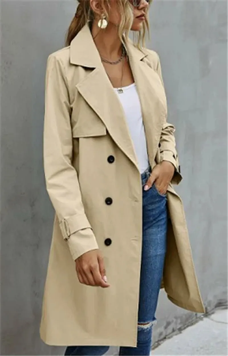 Casual Long Sleeve Lapel Double-Breasted Designed Trench Coat with Belt