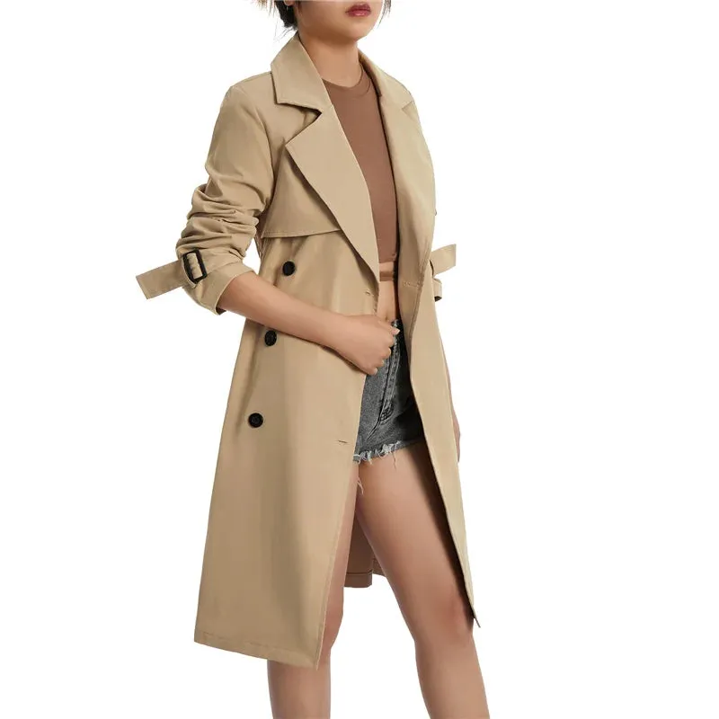 Casual Long Sleeve Lapel Double-Breasted Designed Trench Coat with Belt