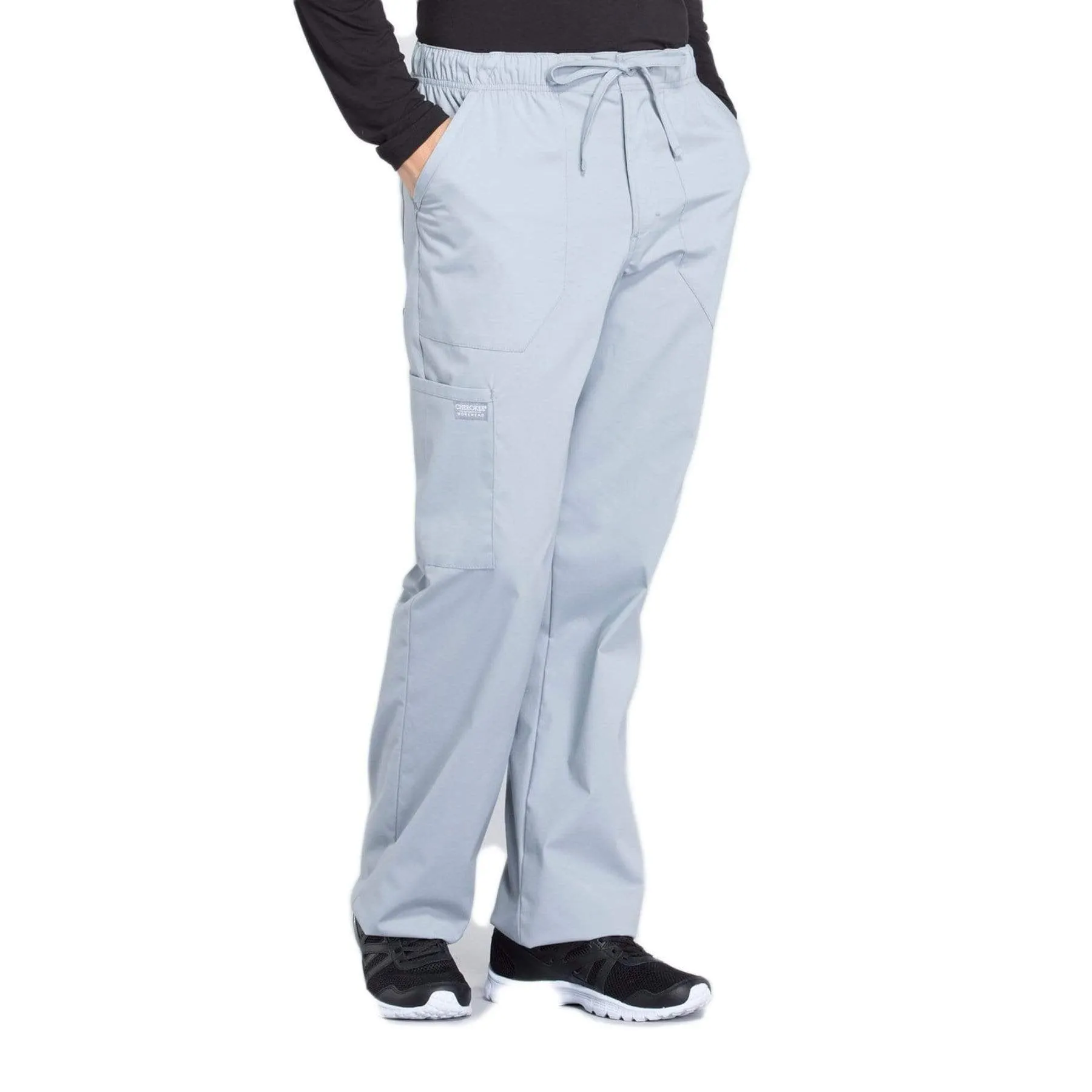 Cherokee Workwear Professionals WW190 Scrubs Pants Mens Tapered Leg Drawstring Cargo Grey