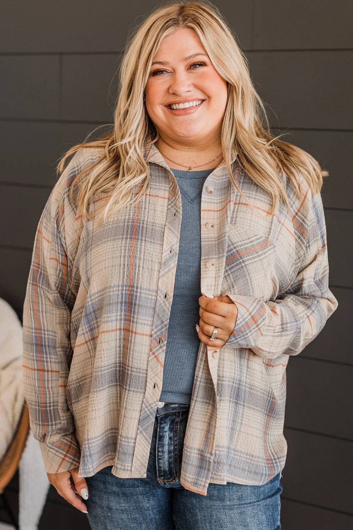 Closer To Home Plaid Button Top- Denim & Orange