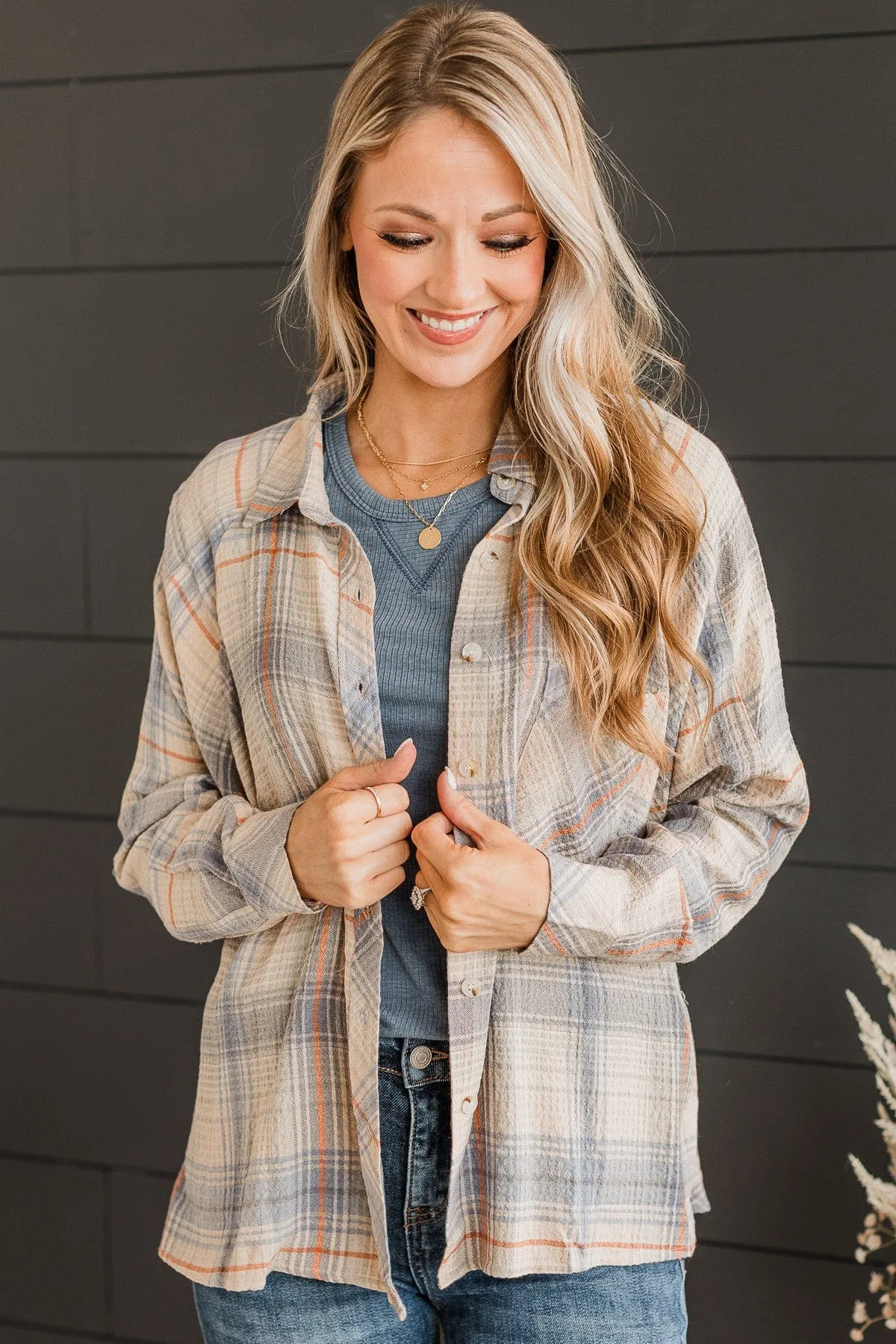 Closer To Home Plaid Button Top- Denim & Orange