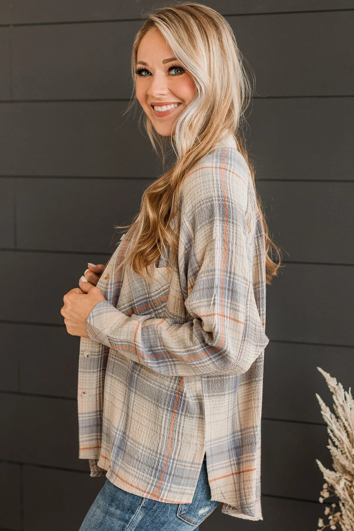 Closer To Home Plaid Button Top- Denim & Orange