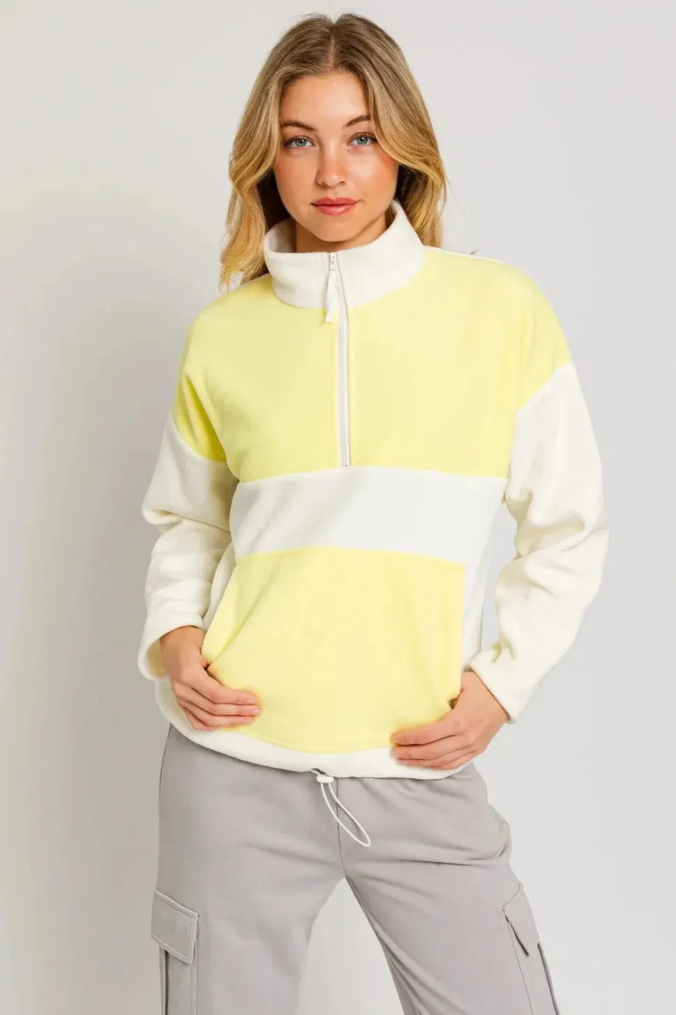 Color Block Fleece Zip Up Drawstring Hem Pullover Sweatshirt