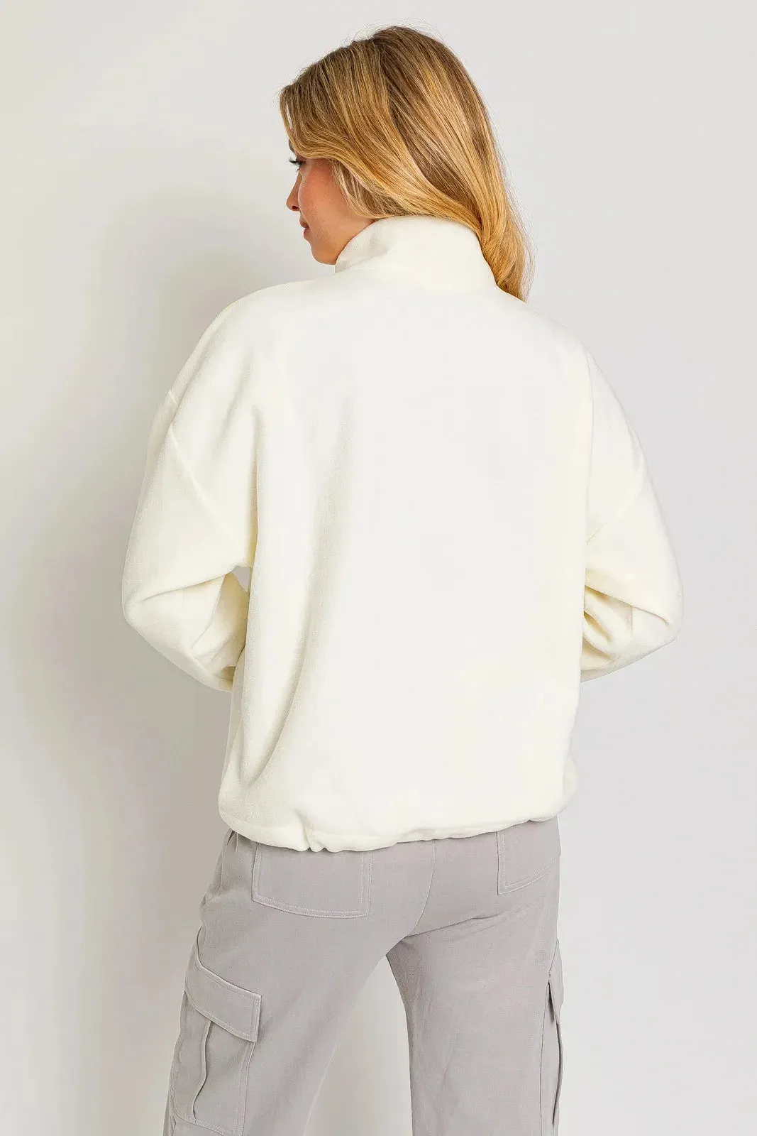 Color Block Fleece Zip Up Drawstring Hem Pullover Sweatshirt