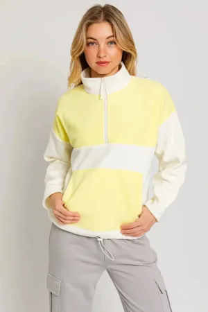 Color Block Fleece Zip Up Drawstring Hem Pullover Sweatshirt
