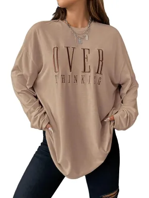COZYEASE Womens Graphic Long Sleeve T Shirt Tops Round Neck Casual Vintage Oversized Graphic Tee Shirts Brown M